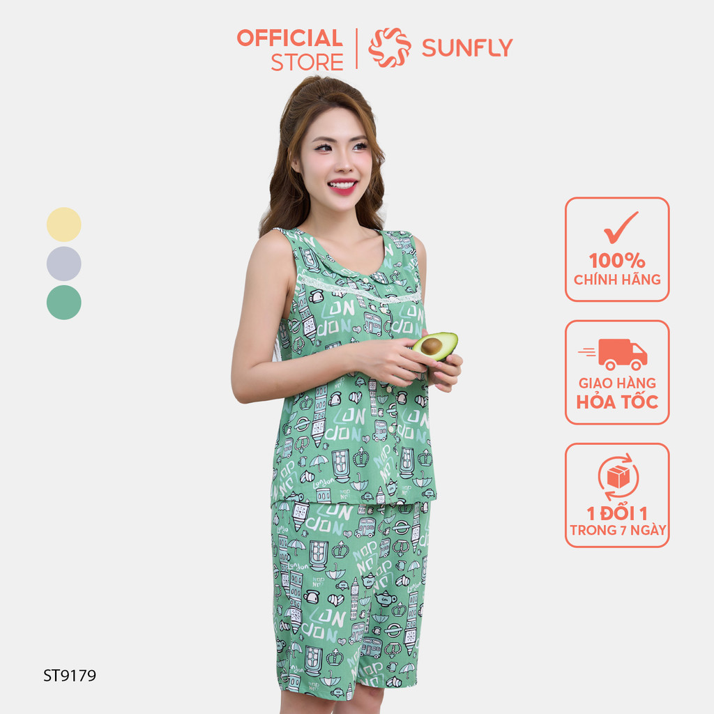 Mô tả Bộ pijamas nữ SUNFLY chất lanh ht độc quyền dáng áo sát nách quần trên gối ST9179 - 1
