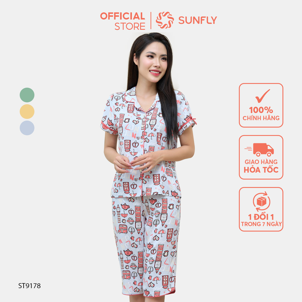 Mô tả Bộ pijamas nữ SUNFLY chất lanh ht độc quyền dáng áo cộc quần ngố ST9178 - 1