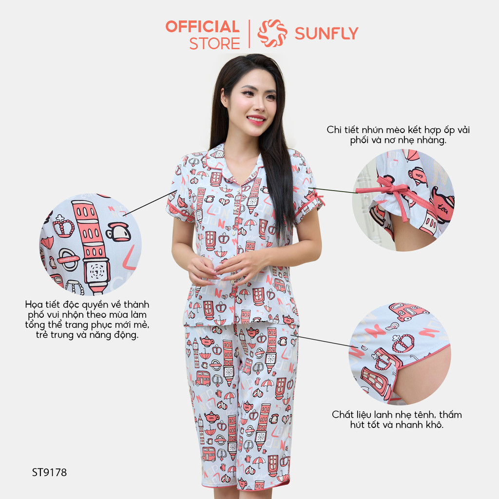 Mô tả Bộ pijamas nữ SUNFLY chất lanh ht độc quyền dáng áo cộc quần ngố ST9178 - 2