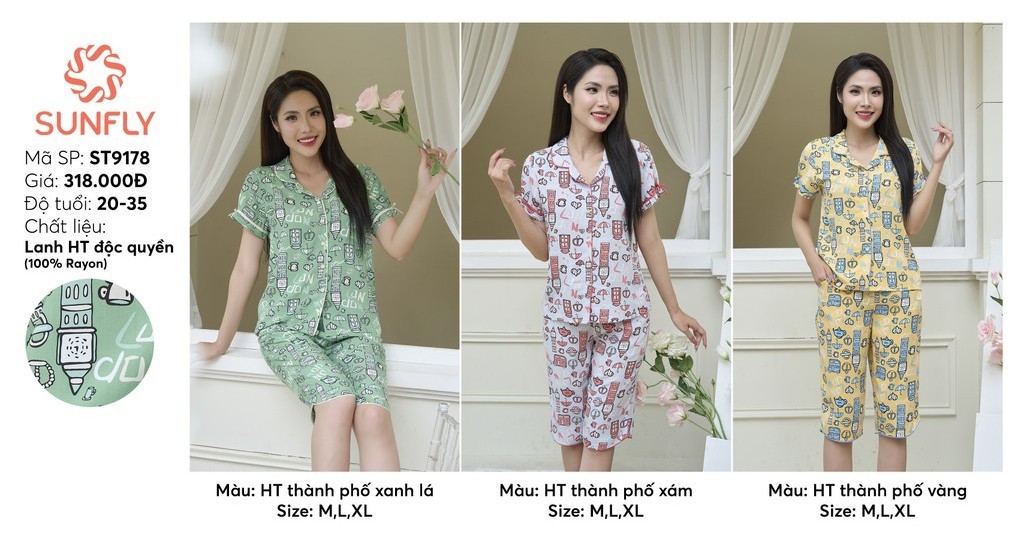 Mô tả Bộ pijamas nữ SUNFLY chất lanh ht độc quyền dáng áo cộc quần ngố ST9178 - 3