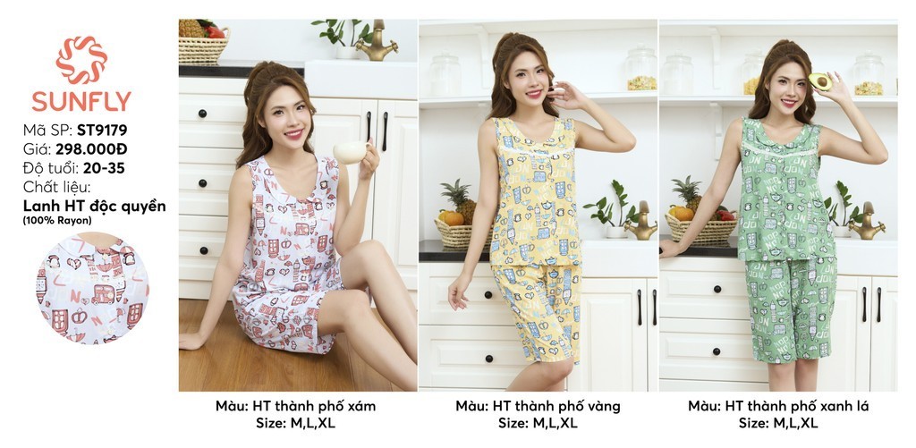 Mô tả Bộ pijamas nữ SUNFLY chất lanh ht độc quyền dáng áo sát nách quần trên gối ST9179 - 3
