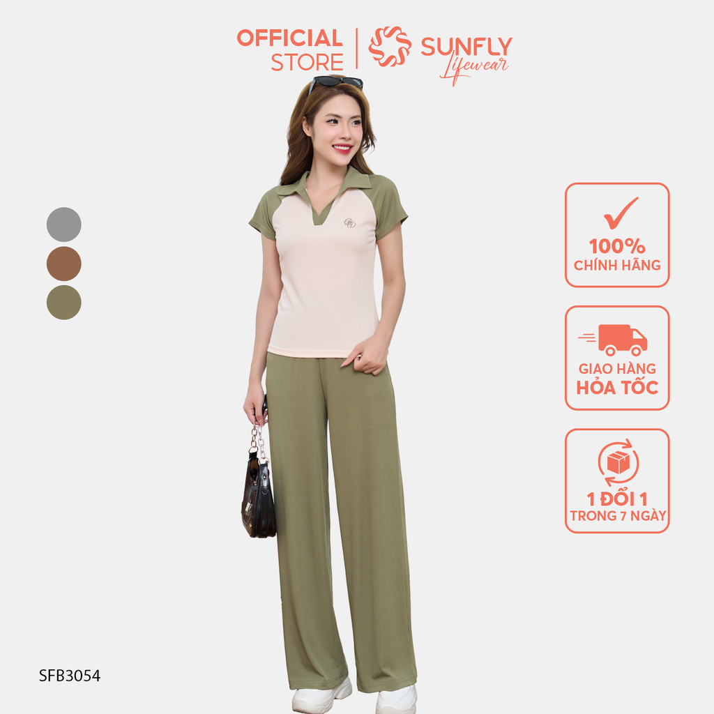 Mô tả Set đồ nữ SUNFLY chất thun tăm áo cộc quần suông dài SFB3054 - 1