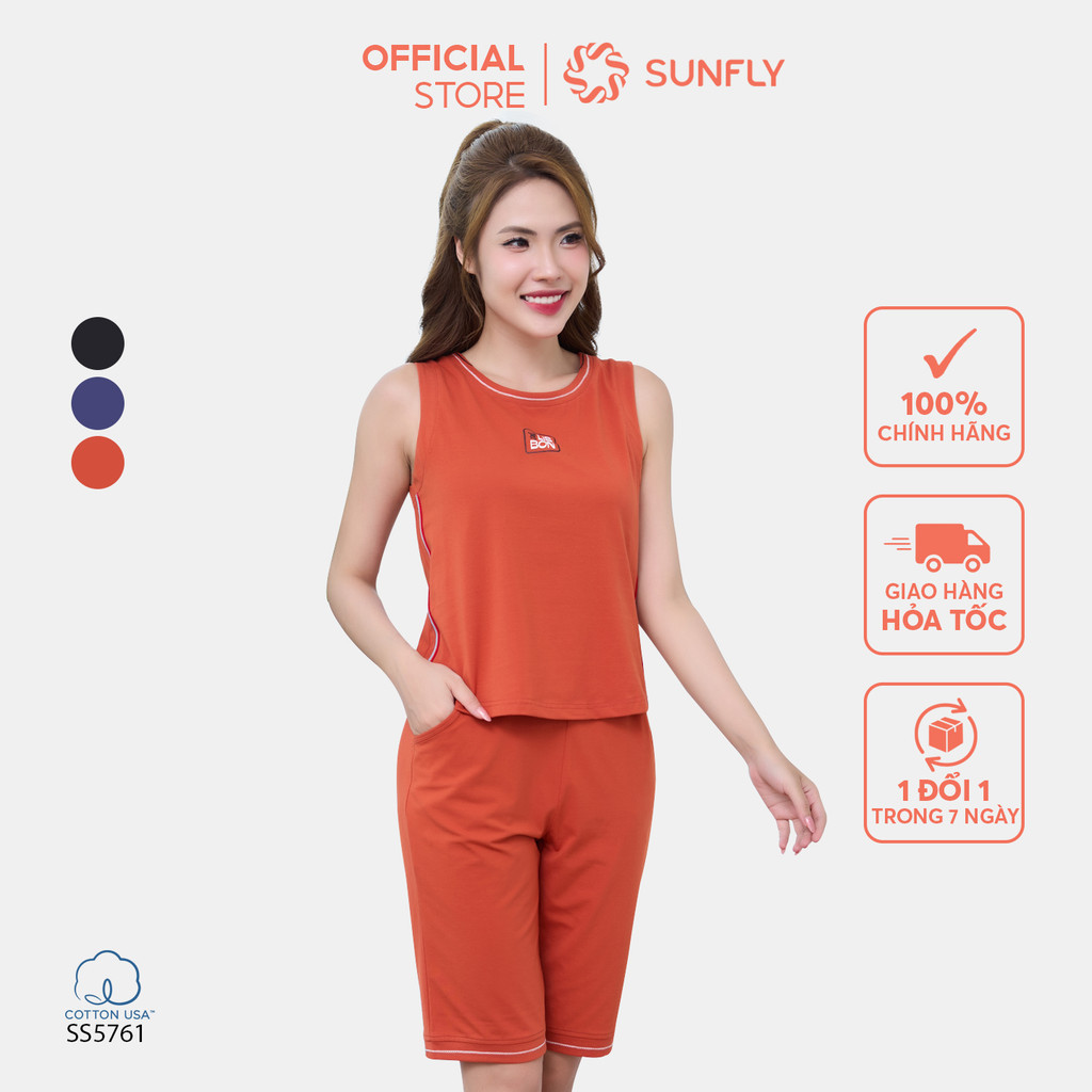 Mô tả Bộ thể thao nữ SUNFLY chất cotton USA dáng áo sát nách quần ngố SS5761 - 1