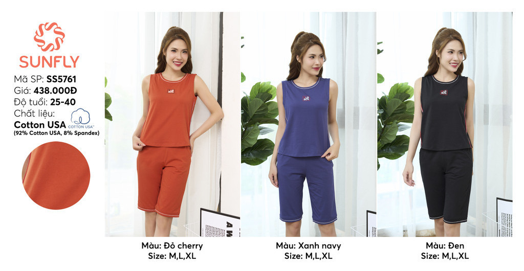 Mô tả Bộ thể thao nữ SUNFLY chất cotton USA dáng áo sát nách quần ngố SS5761 - 3