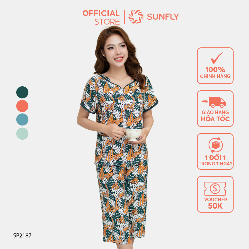 Mô tả Đồ bộ mặc nhà nữ SUNFLY chất lanh lụa họa tiết áo cộc quần ngố SP2187 - 1