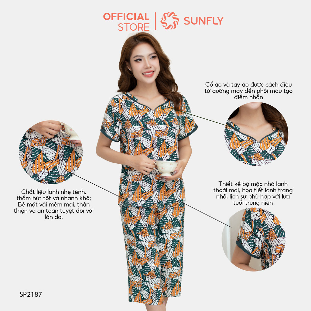 Mô tả Đồ bộ mặc nhà nữ SUNFLY chất lanh lụa họa tiết áo cộc quần ngố SP2187 - 2