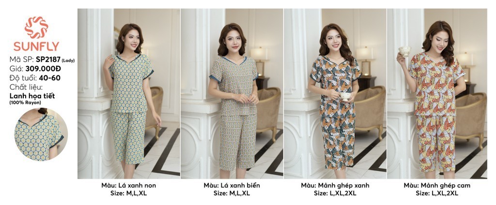 Mô tả Đồ bộ mặc nhà nữ SUNFLY chất lanh lụa họa tiết áo cộc quần ngố SP2187 - 3