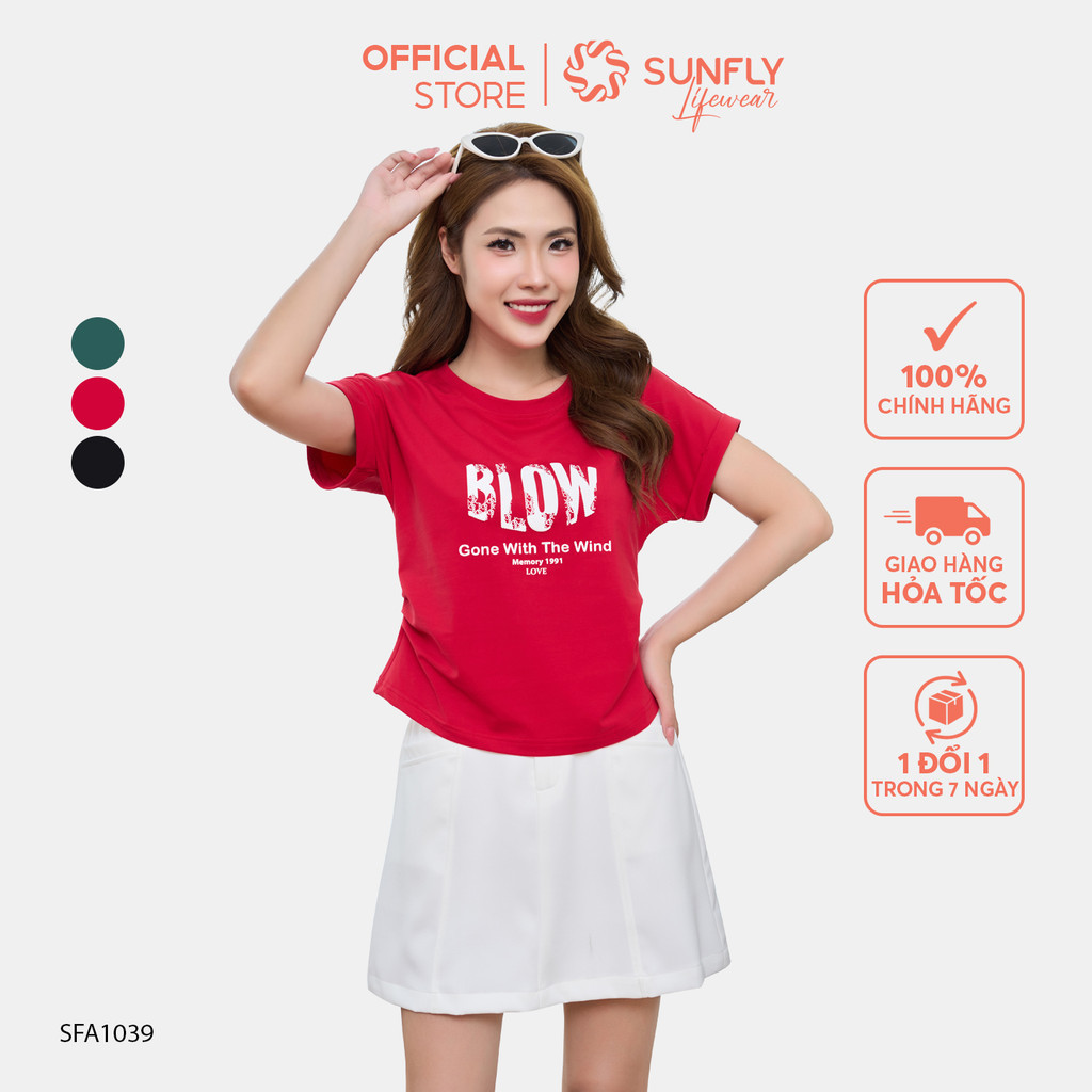 Mô tả Áo phông nữ SUNFLY chất cotton compact dáng xếp ly eo cộc tay SFA1039 - 1