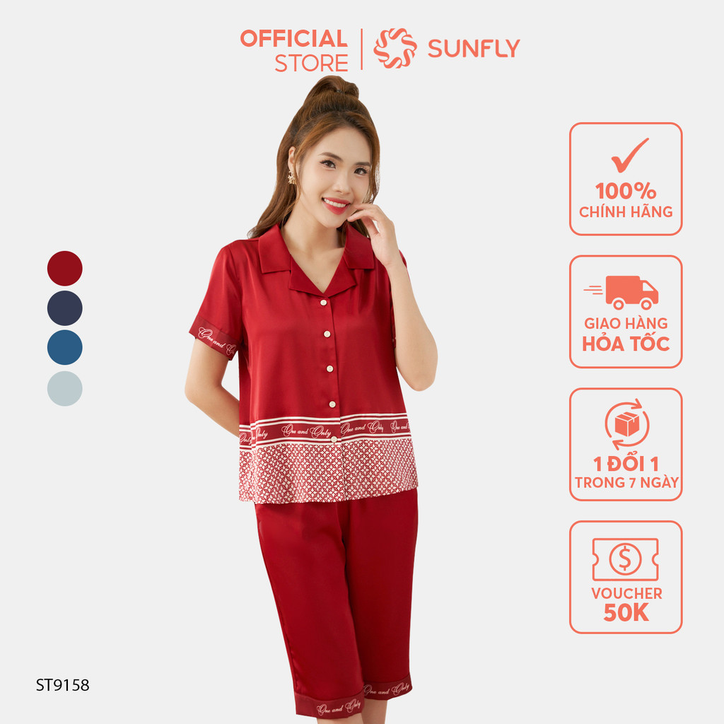Mô tả Bộ pijamas nữ SUNFLY chất lụa màu dáng áo cộc quần ngố ST9158 - 1