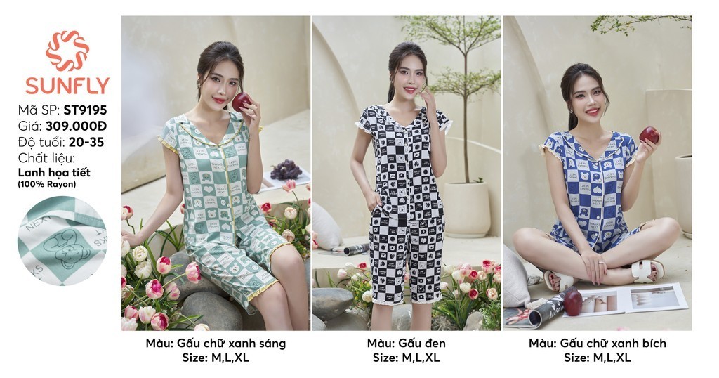 Mô tả Bộ pijamas nữ SUNFLY chất lanh lụa ht dáng áo tay hến quần trên gối ST9195 - 3