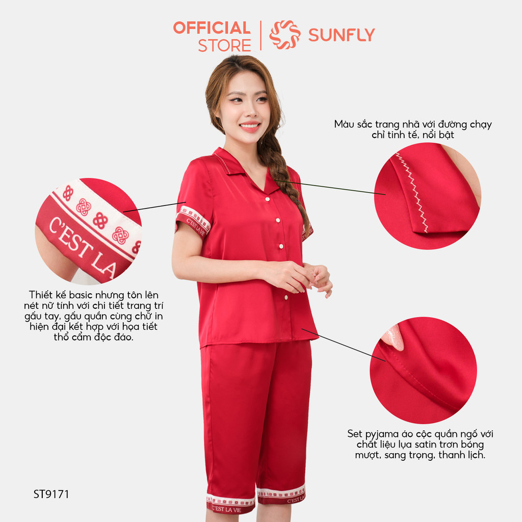 Mô tả Bộ pijamas nữ SUNFLY chất lụa satin màu dáng áo cộc quần ngố ST9171 - 2