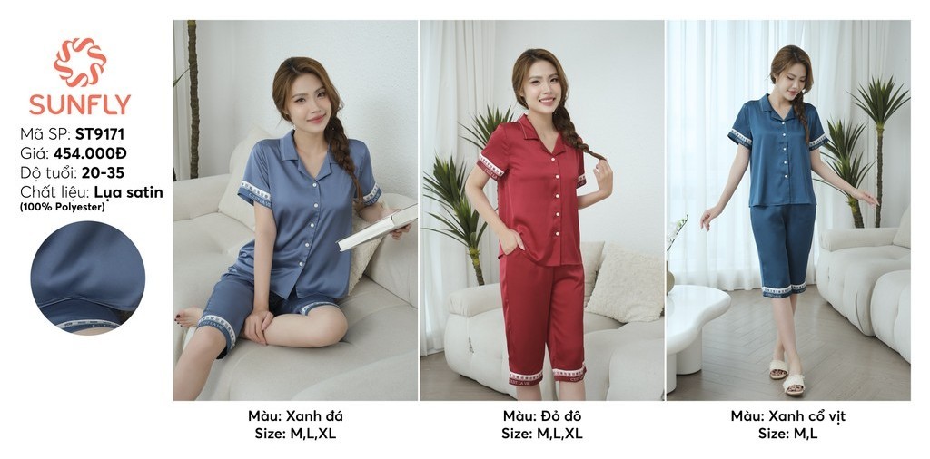Mô tả Bộ pijamas nữ SUNFLY chất lụa satin màu dáng áo cộc quần ngố ST9171 - 3