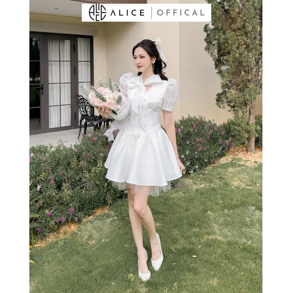 Mô tả Váy Trắng Tiểu Thư Sang Chảnh ALICE Váy Chất Tafta Phối Tơ Xước Thiết Kế Cổ Đính Đá Tạo Điểm Nhấn Điệu Đà V964 - 1