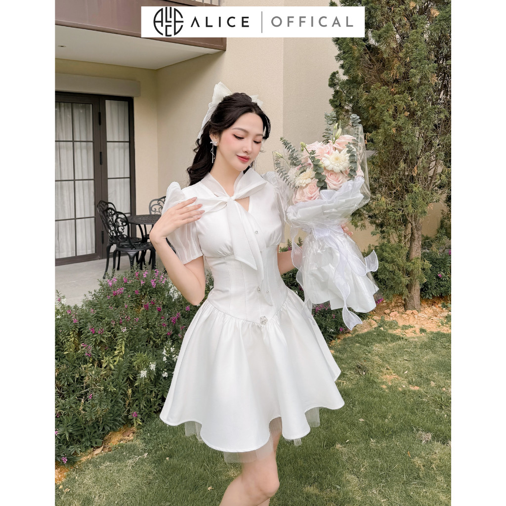 Mô tả Váy Trắng Tiểu Thư Sang Chảnh ALICE Váy Chất Tafta Phối Tơ Xước Thiết Kế Cổ Đính Đá Tạo Điểm Nhấn Điệu Đà V964 - 2