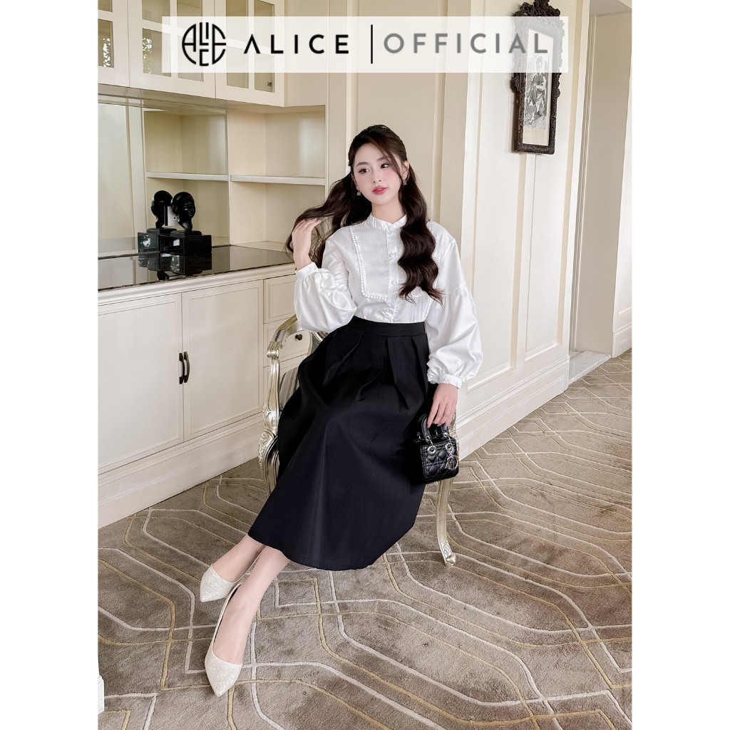 Mô tả Set Áo Sơ Phối Chân Váy Dài Công Sở ALICE Thiết Kế Dáng Chờm Vai Tay Bồng Kèm Chân Váy Dáng Xòe Thanh Lịch S583 - 5