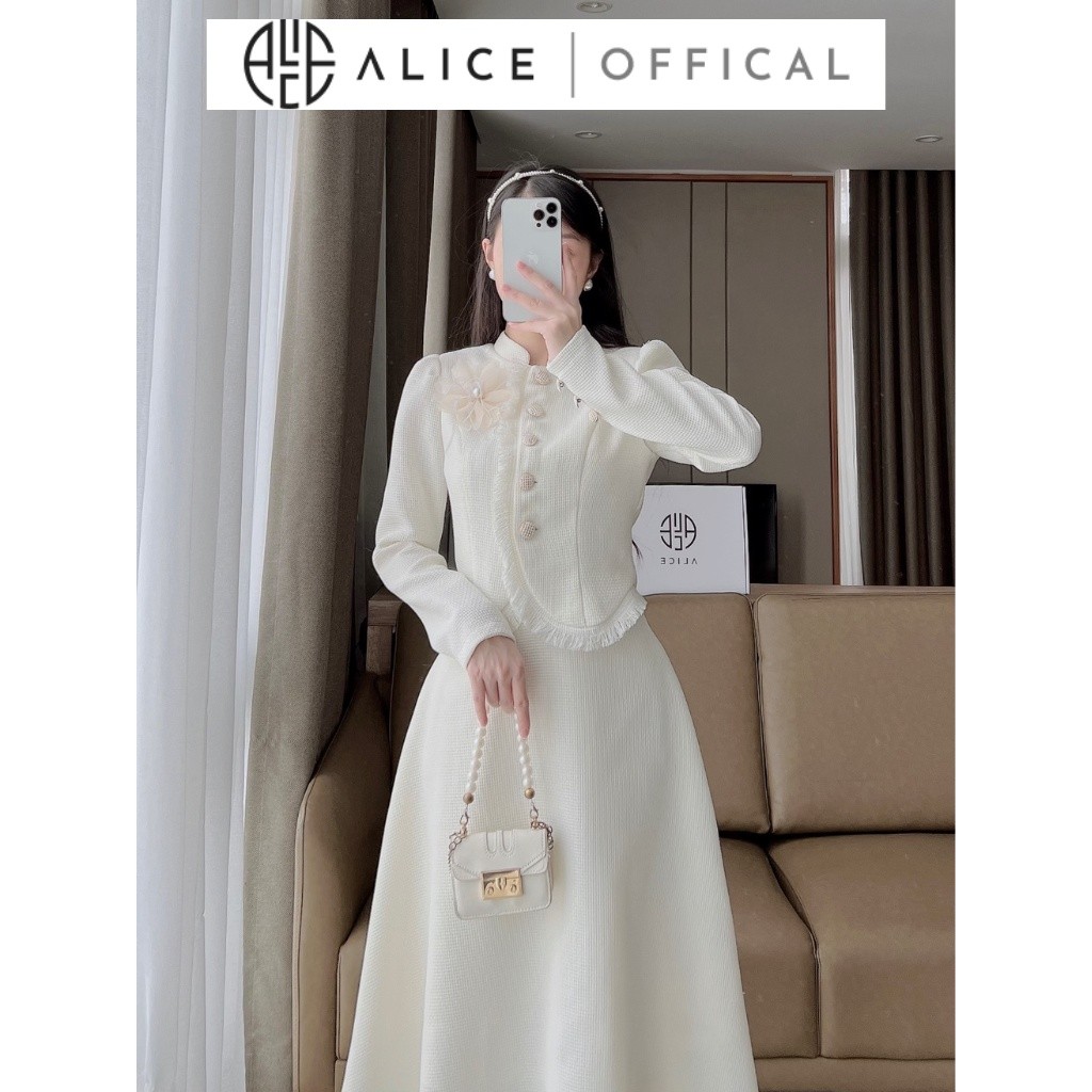 Mô tả Set Dạ Mềm Lót Lụa Cao Cấp ALICE Kèm Chân Váy Xoè, Thiết Kế Hoa Cài Ngực Thanh Lịch, Sang Trọng S253 - 3