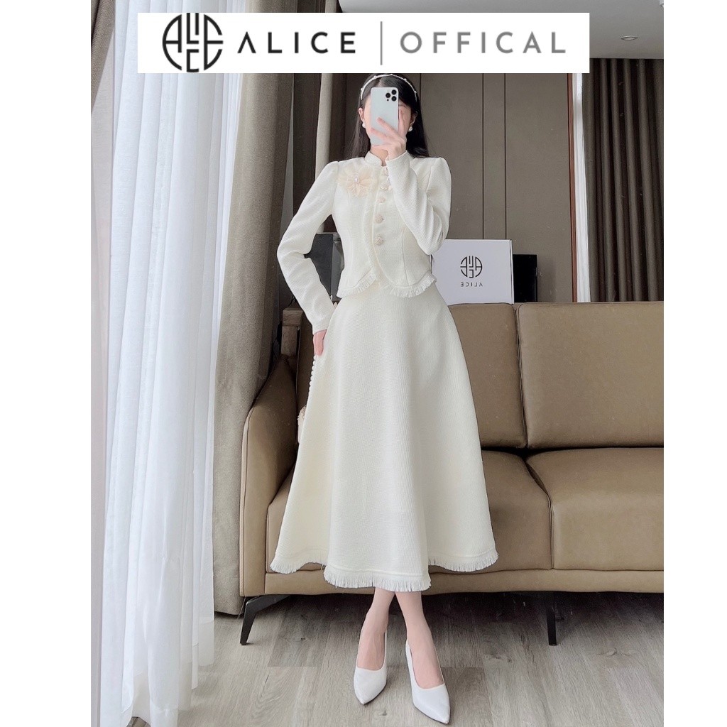 Mô tả Set Dạ Mềm Lót Lụa Cao Cấp ALICE Kèm Chân Váy Xoè, Thiết Kế Hoa Cài Ngực Thanh Lịch, Sang Trọng S253 - 4