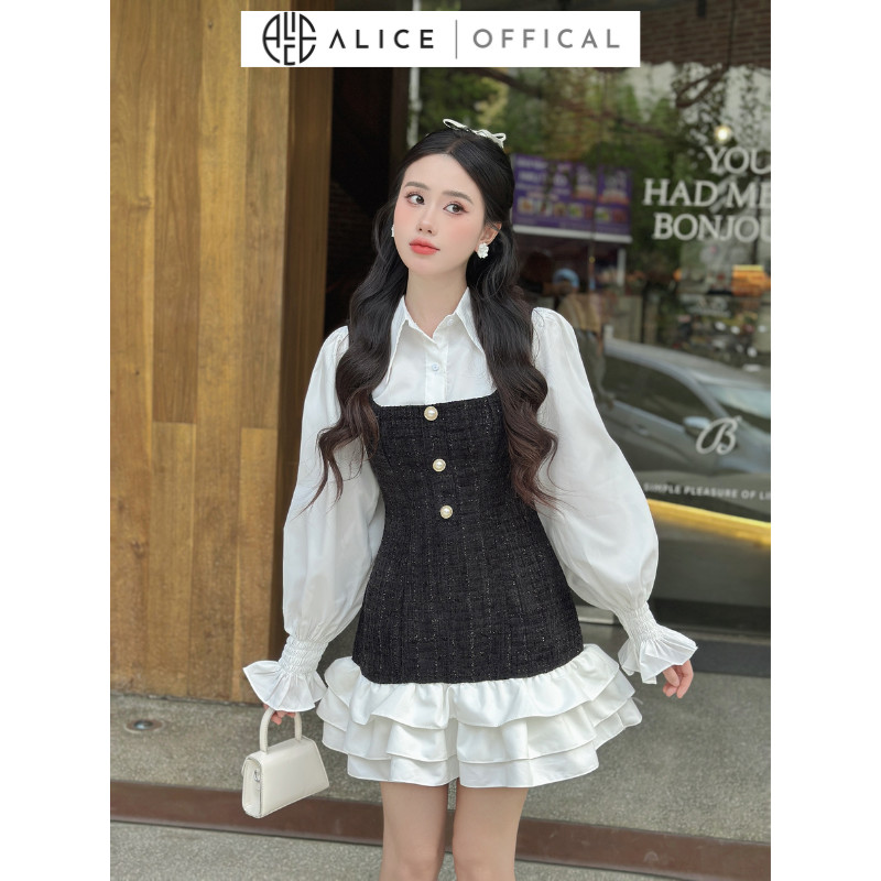 Mô tả Set Váy Dạ Tiểu Thư ALICE Set Dạ Tweed Thiết Kế Áo Sơ Mi Tay Bo Chun Kèm Yếm Dạ Bèo Tầng, Set Yếm Dạ Váy Dài Tay S430 - 1