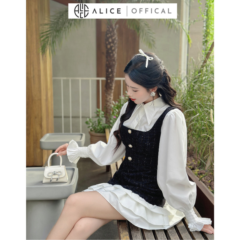 Mô tả Set Váy Dạ Tiểu Thư ALICE Set Dạ Tweed Thiết Kế Áo Sơ Mi Tay Bo Chun Kèm Yếm Dạ Bèo Tầng, Set Yếm Dạ Váy Dài Tay S430 - 2