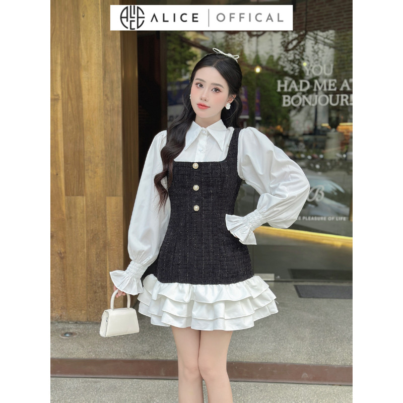 Mô tả Set Váy Dạ Tiểu Thư ALICE Set Dạ Tweed Thiết Kế Áo Sơ Mi Tay Bo Chun Kèm Yếm Dạ Bèo Tầng, Set Yếm Dạ Váy Dài Tay S430 - 3