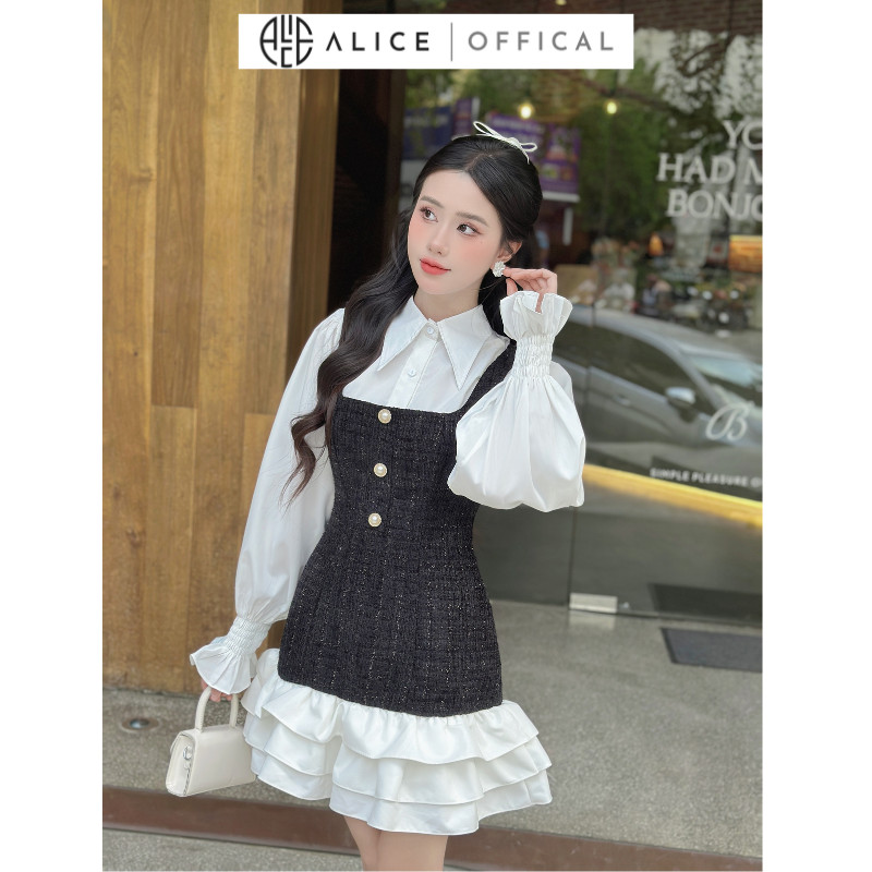 Mô tả Set Váy Dạ Tiểu Thư ALICE Set Dạ Tweed Thiết Kế Áo Sơ Mi Tay Bo Chun Kèm Yếm Dạ Bèo Tầng, Set Yếm Dạ Váy Dài Tay S430 - 5