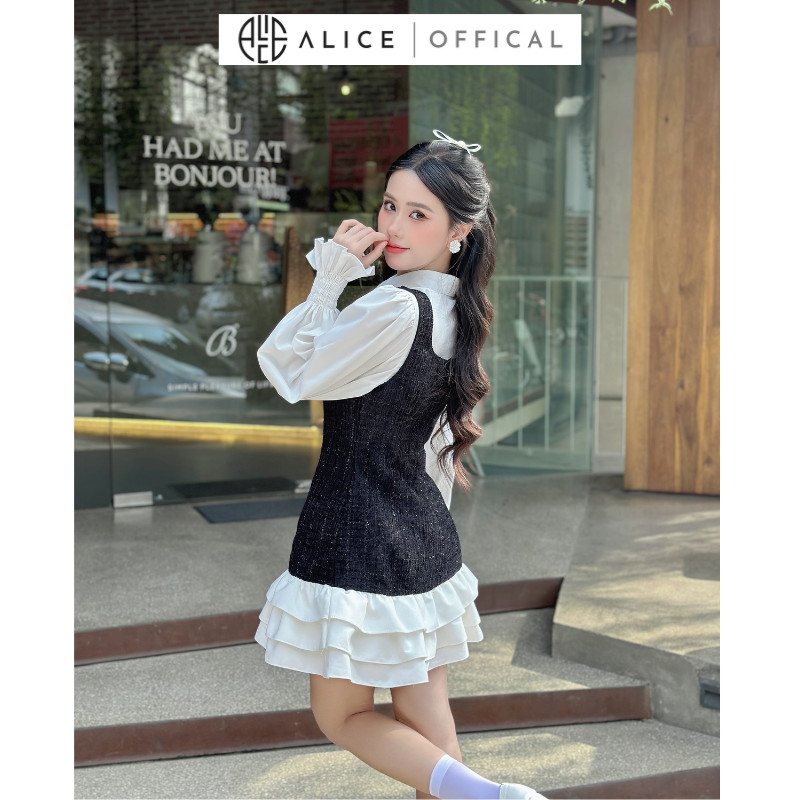 Mô tả Set Váy Dạ Tiểu Thư ALICE Set Dạ Tweed Thiết Kế Áo Sơ Mi Tay Bo Chun Kèm Yếm Dạ Bèo Tầng, Set Yếm Dạ Váy Dài Tay S430 - 6