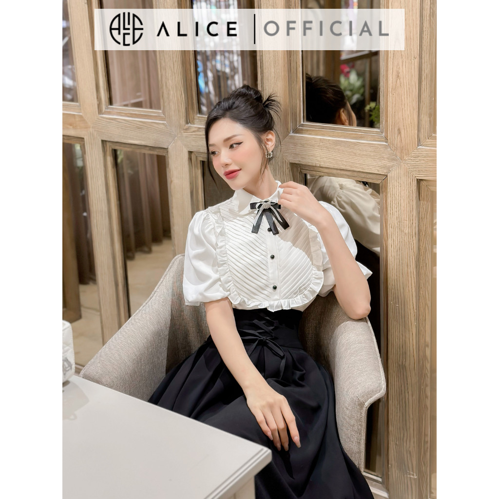 Mô tả Set Áo Sơ Mi Chân Váy Dài ALICE Đồ Công Sở Tay Phồng Xếp Ly Ngực Kèm Chân Váy Cạp Cao Xòe S296 - 1