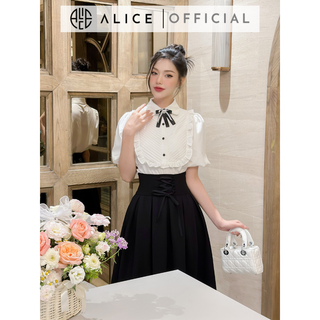Mô tả Set Áo Sơ Mi Chân Váy Dài ALICE Đồ Công Sở Tay Phồng Xếp Ly Ngực Kèm Chân Váy Cạp Cao Xòe S296 - 2