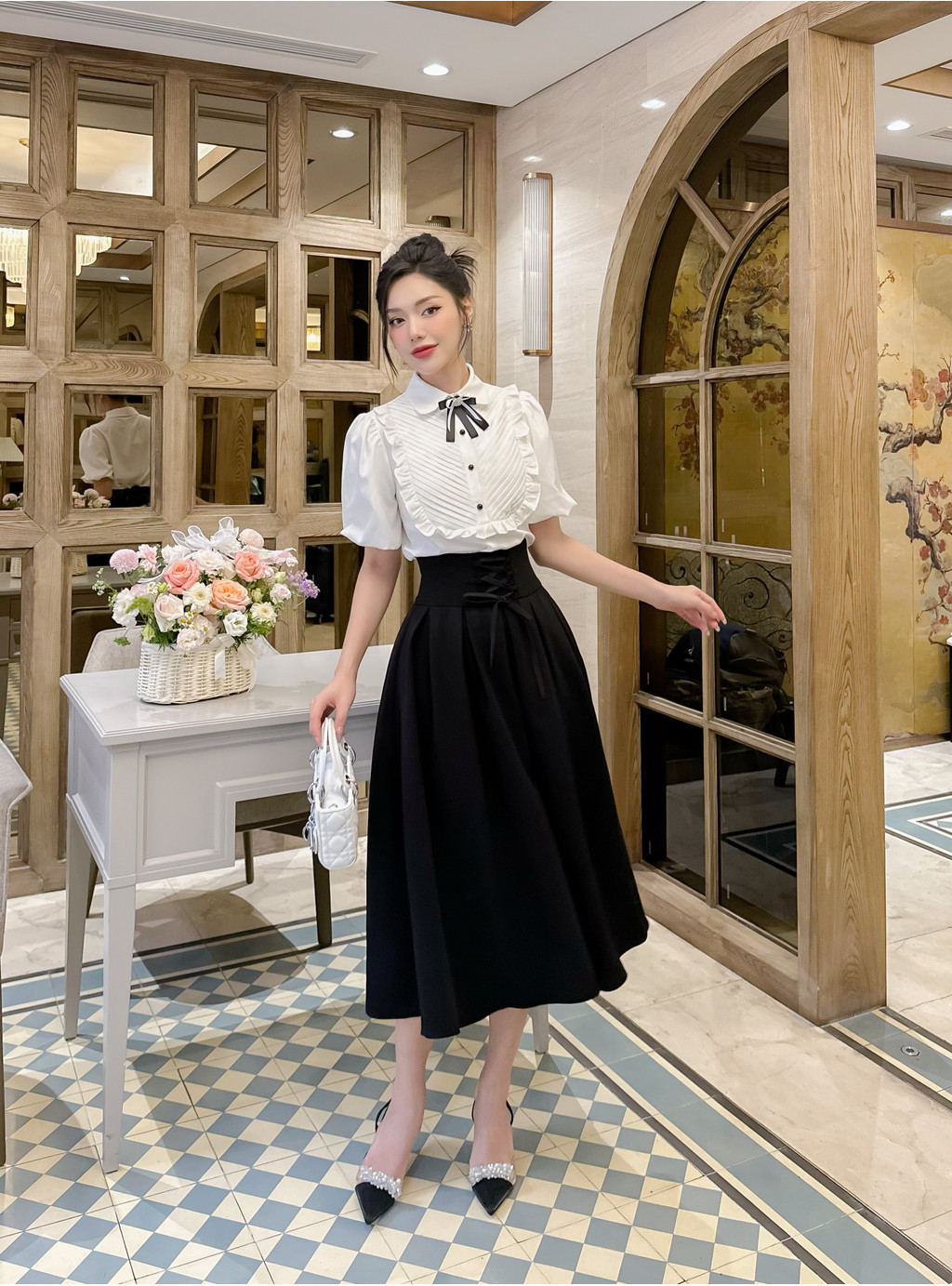 Mô tả Set Áo Sơ Mi Chân Váy Dài ALICE Đồ Công Sở Tay Phồng Xếp Ly Ngực Kèm Chân Váy Cạp Cao Xòe S296 - 3