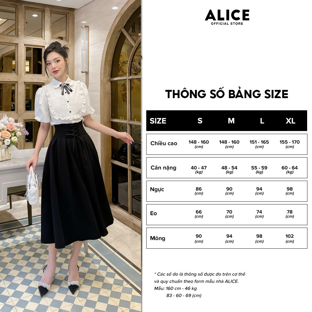 Mô tả Set Áo Sơ Mi Chân Váy Dài ALICE Đồ Công Sở Tay Phồng Xếp Ly Ngực Kèm Chân Váy Cạp Cao Xòe S296 - 4