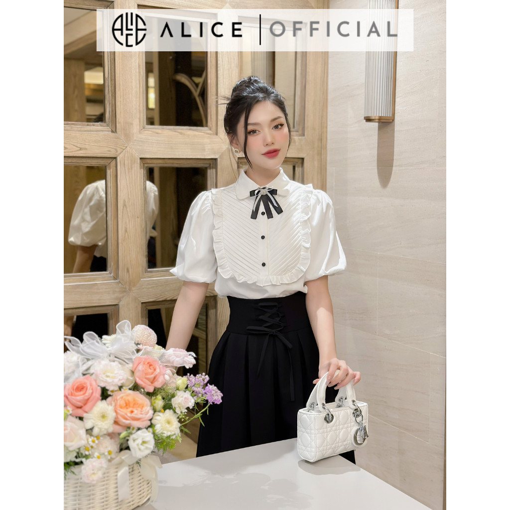 Mô tả Set Áo Sơ Mi Chân Váy Dài ALICE Đồ Công Sở Tay Phồng Xếp Ly Ngực Kèm Chân Váy Cạp Cao Xòe S296 - 5