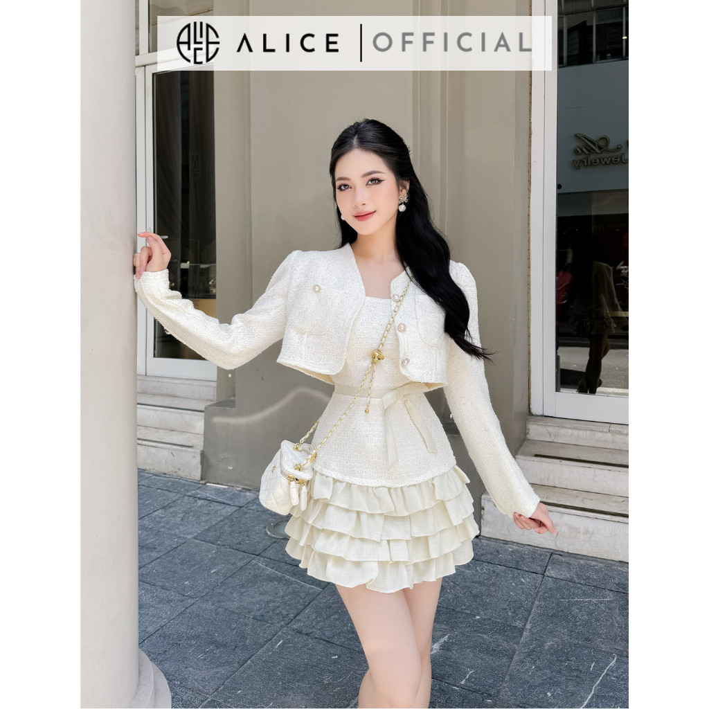 Set Váy Dạ Tiểu Thư ALICE Váy 2 Dây Bèo Tầng Kèm Áo Khoác Ngoài Chất Dạ ...