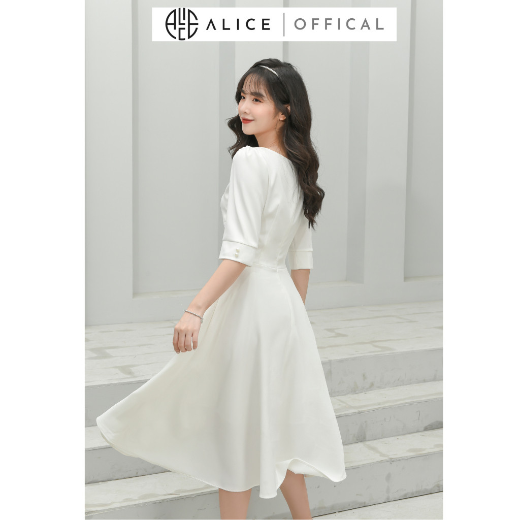 Mô tả Đầm Dự Tiệc Thiết Kế ALICE Cổ Vuông Dập Ly Sang Trọng, Thiết Kế Dáng Dài Xòe, Tay Lỡ Thắt Eo Thanh Lịch V677 - 2