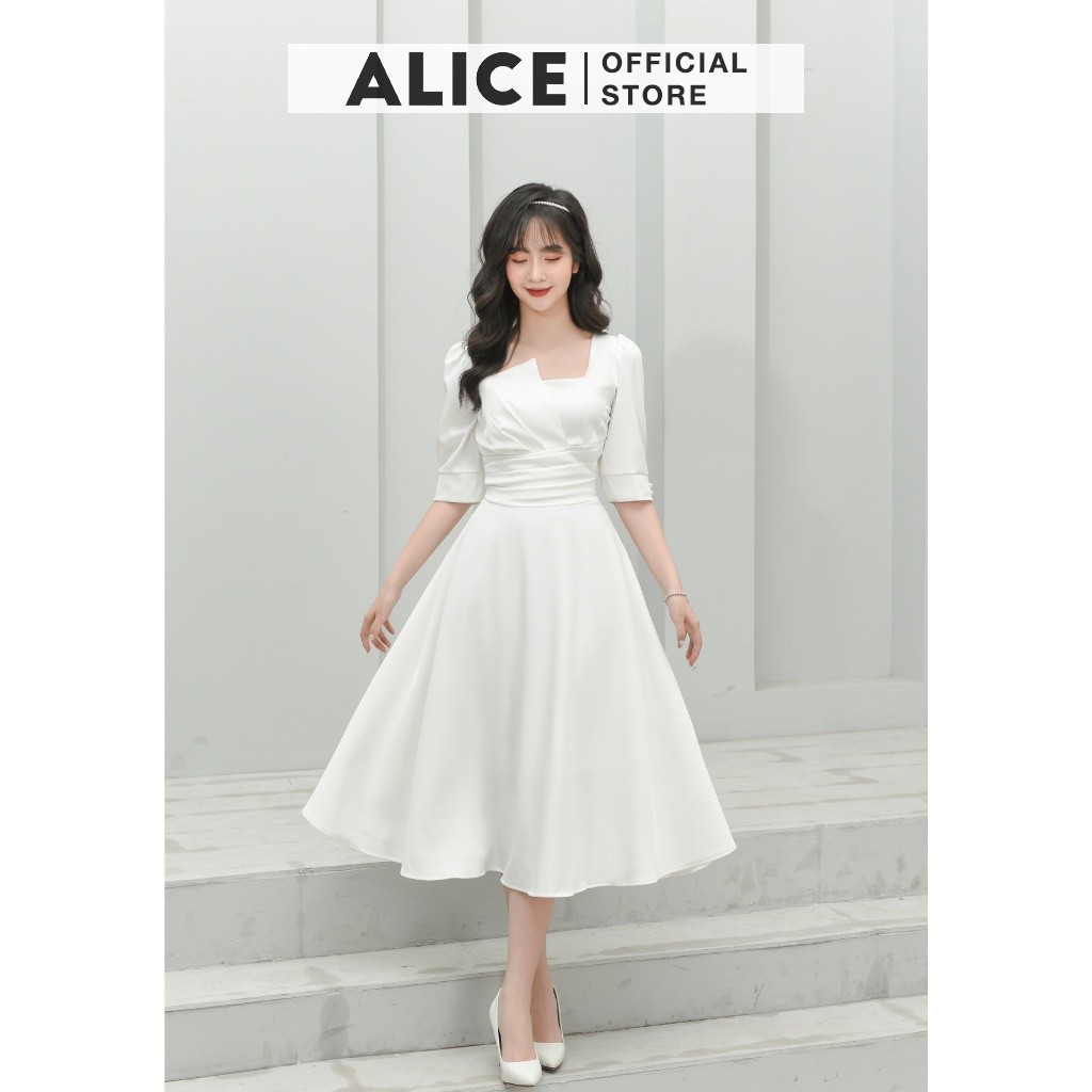 Mô tả Đầm Dự Tiệc Thiết Kế ALICE Cổ Vuông Dập Ly Sang Trọng, Thiết Kế Dáng Dài Xòe, Tay Lỡ Thắt Eo Thanh Lịch V677 - 3