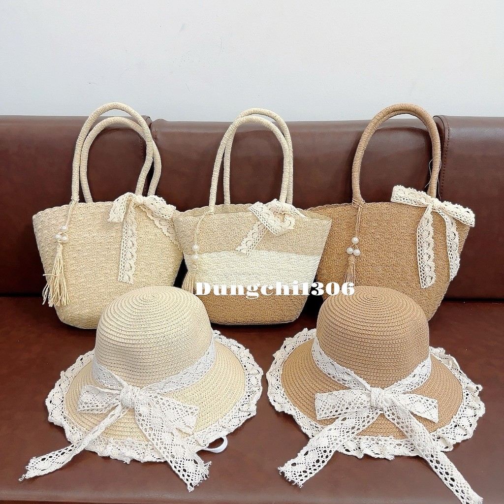 Set túi mũ cói tua rua mix ngọc nơ ren đi biển đi chơi đều xinh ...