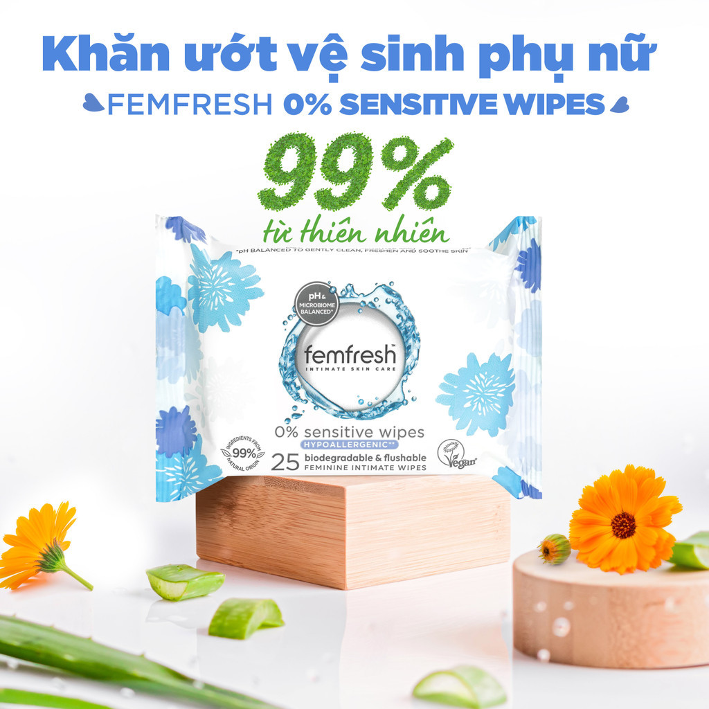 Mô tả Khăn ướt vệ sinh vùng kín cao cấp cho da nhạy cảm Femfresh Intimate Skin Care 0% Sensitive Wipes (màu xám) - 25 Tờ/gói - 1