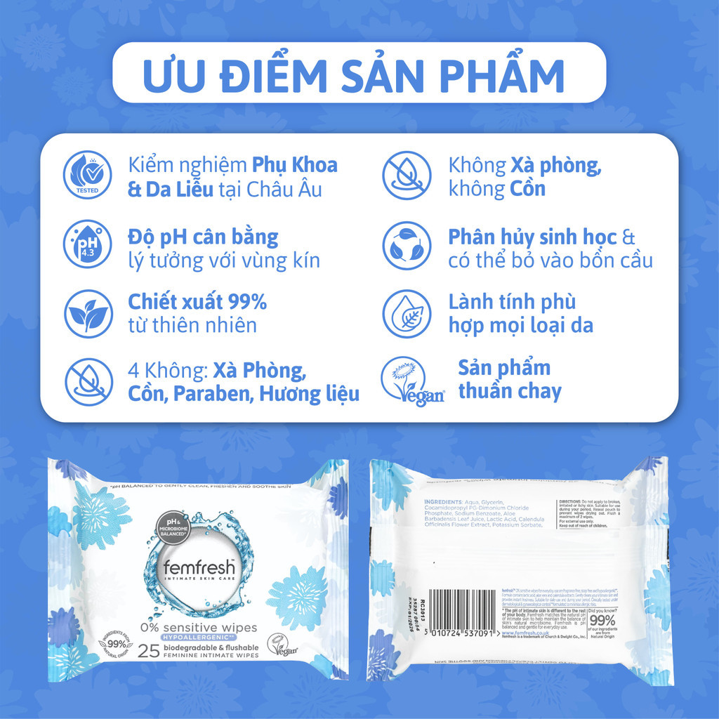 Mô tả Khăn ướt vệ sinh vùng kín cao cấp cho da nhạy cảm Femfresh Intimate Skin Care 0% Sensitive Wipes (màu xám) - 25 Tờ/gói - 2