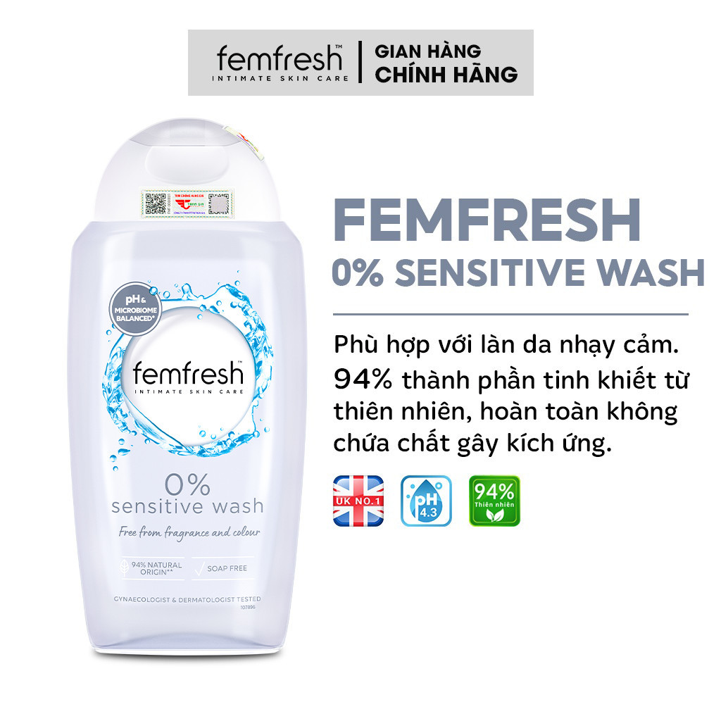 Mô tả Dung dịch vệ sinh phụ nữ cao cấp cho da nhạy cảm Femfresh 0% Sensitive Intimate Wash - sản phẩm dành cho bà bầu 250ml - 1