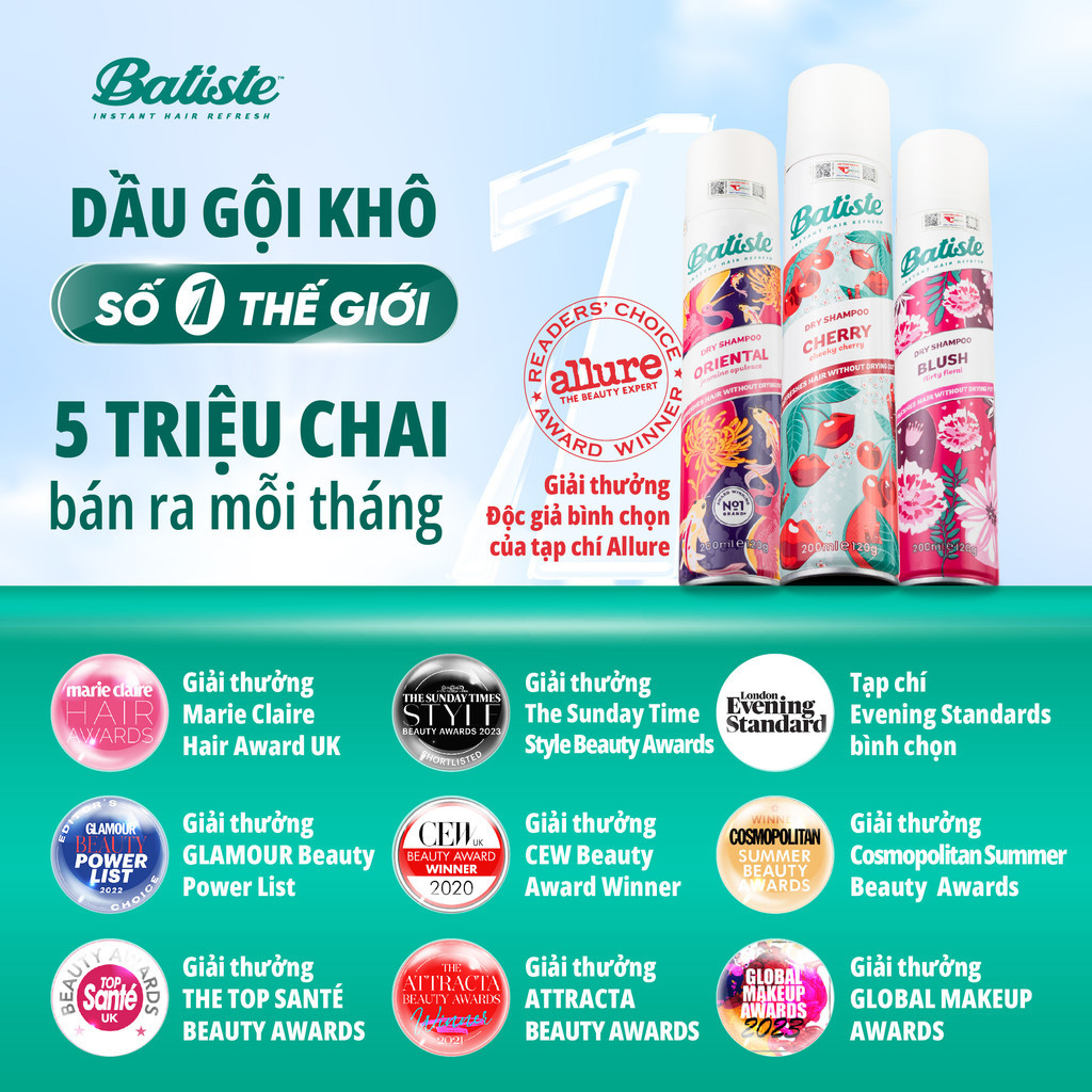 Mô tả Dầu gội khô Batiste Dry Shampoo, giúp làm tóc bồng bềnh, loại bỏ dầu thừa, bết dính - 200ml - 1