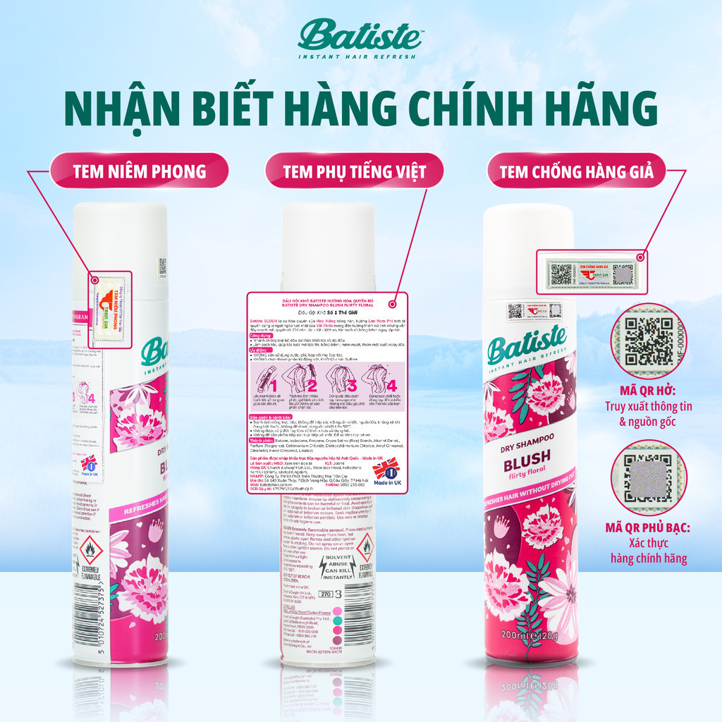 Mô tả Dầu gội khô Batiste Dry Shampoo, giúp làm tóc bồng bềnh, loại bỏ dầu thừa, bết dính - 200ml - 12