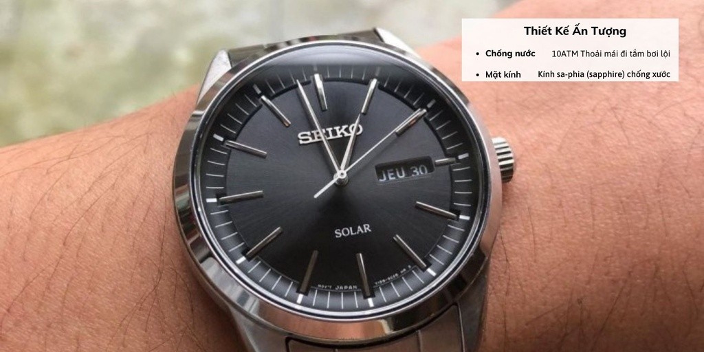 Mô tả Đồng hồ nam Seiko Solar SNE52 máy pin, mặt kính sapphire chống xước, chống nước 10 ATM, dây thép đeo tay cao cấp. - 2
