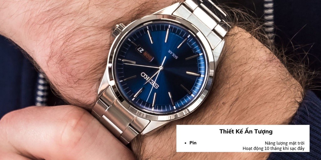 Mô tả Đồng hồ nam Seiko Solar SNE52 máy pin, mặt kính sapphire chống xước, chống nước 10 ATM, dây thép đeo tay cao cấp. - 3