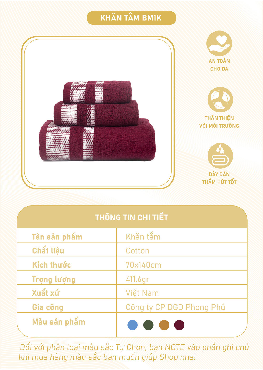 Mô tả Khăn Tắm Mollis Cotton 70x140cm Khăn Cao Cấp Mềm Mịn Thấm Hút Không Ra Màu Không Xù Đổ Lông Gia Đình Spa Khách Sạn BM1K - 1