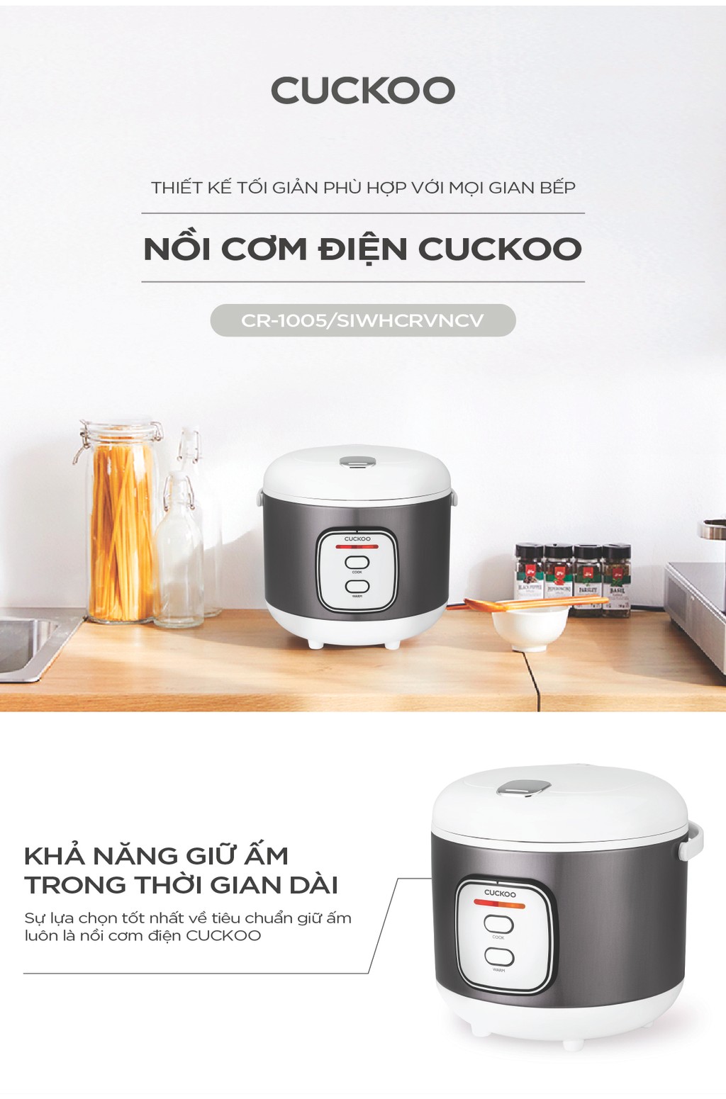Mô tả Nồi cơm điện Cuckoo 1.8L CR-1005 Màu xám bạc - Lòng nồi chống dính - Bảo hành 2 năm -Hàng chính hãng - 1
