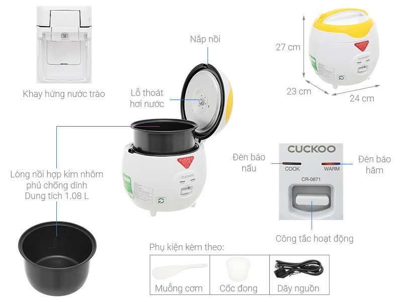 Mô tả Nồi cơm điện Cuckoo 1,08 lít CR-0671- màu vàng- bản Quốc tế - Hàng chính hãng - 2