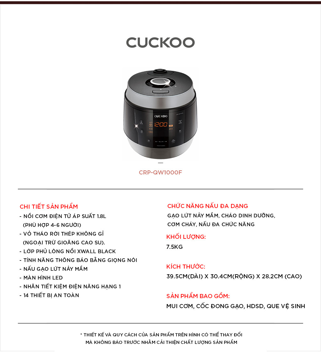 Mô tả Nồi cơm điện tử áp suất Cuckoo 1.8L CRP-QW1000F (tiếng Anh) - Lòng nồi phủ men Xwall độc quyền - Sản xuất tại Hàn Quốc - 9