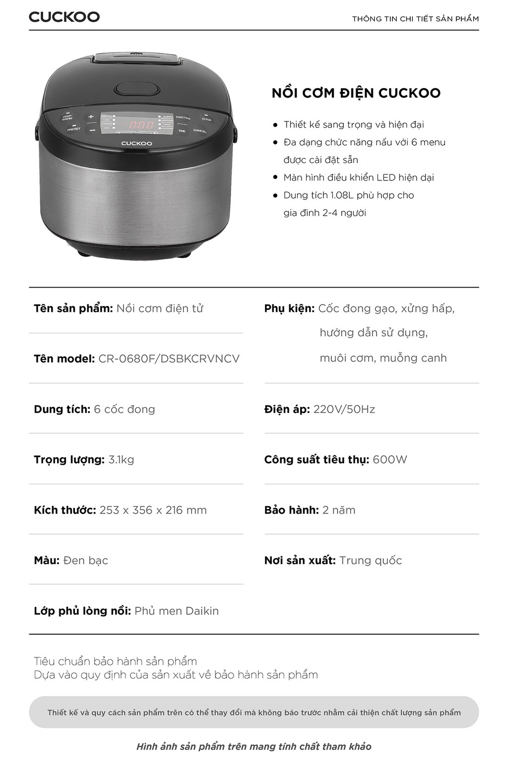 Mô tả Nồi cơm điện tử Cuckoo 1.08L CR-0680F đa chức năng, thiết kế hiện đại - Bảo hành 2 năm - Hàng chính hãng Cuckoo - 10