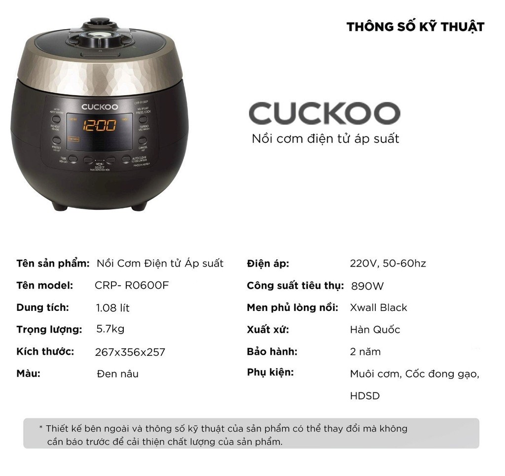 Mô tả Nồi cơm điện tử áp suất Cuckoo 1.08 lít CRP-R0600F màu đen - lòng nồi chống dính cao cấp phủ Xwall Black shine- Quốc tế - 8