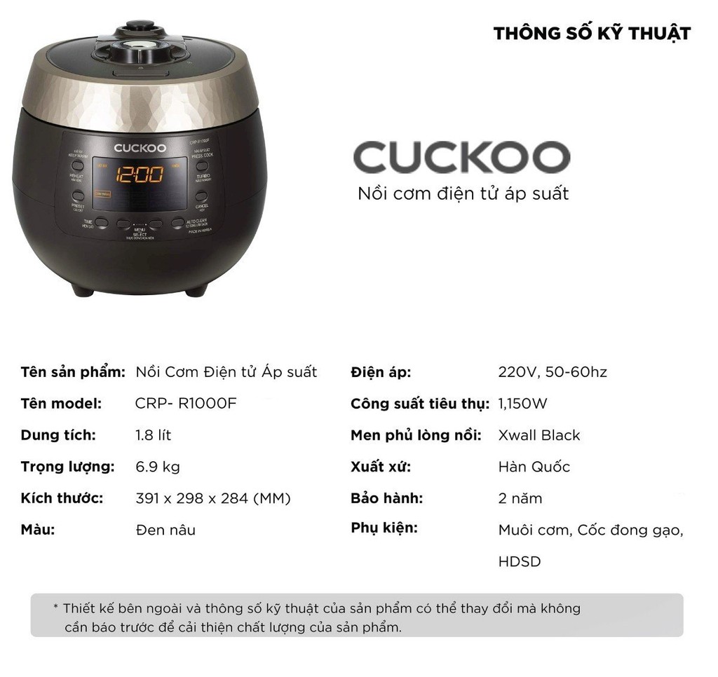 Mô tả Nồi cơm điện tử áp suất Cuckoo 1.8 lít CRP-R1000F màu đen - lòng nồi chống dính cao cấp phủ Xwall Black shine - 8
