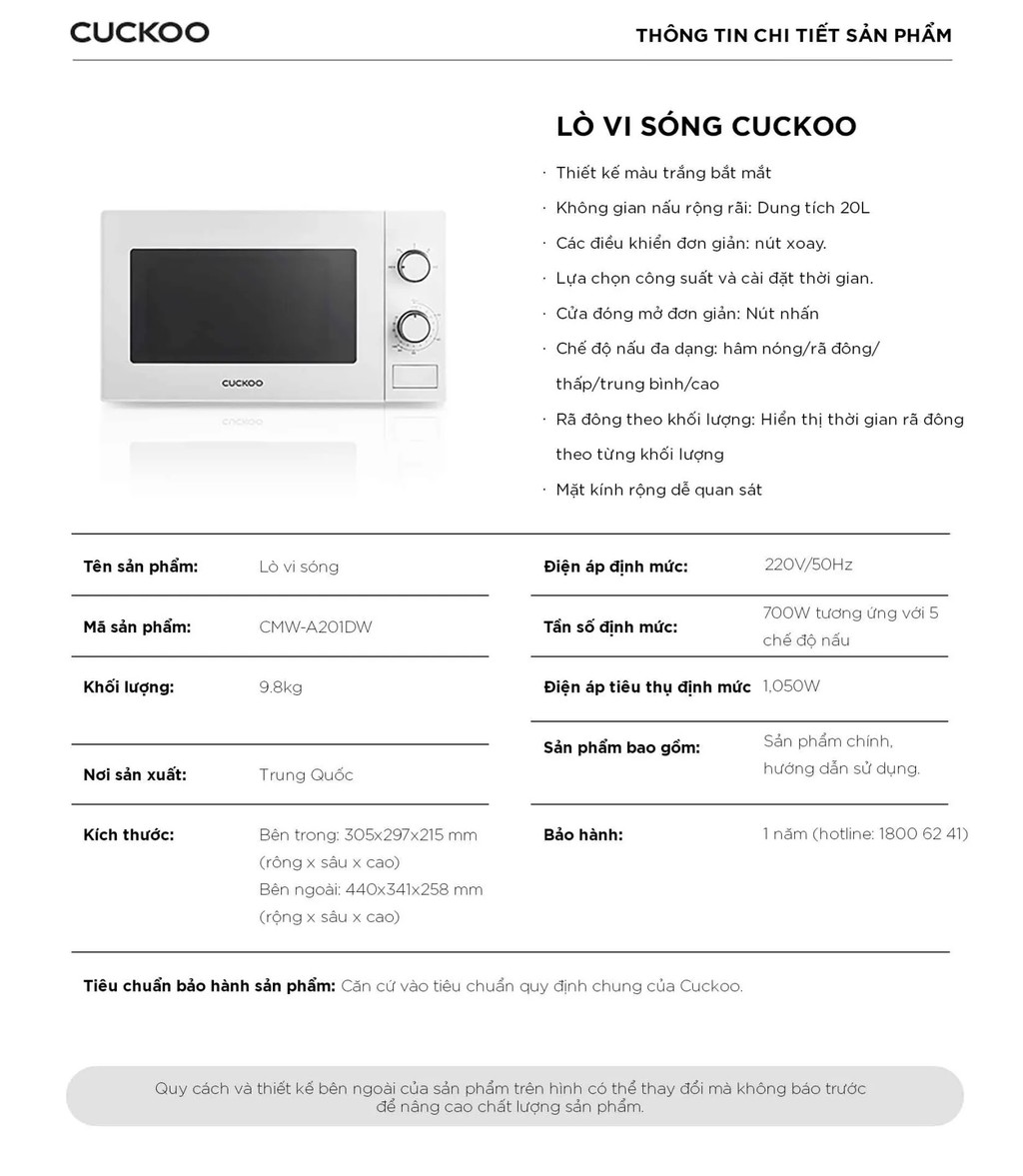 Mô tả Lò vi sóng Cuckoo 20 lít CMW-A201D - Hàng chính hãng - Chất lượng Hàn Quốc - 6